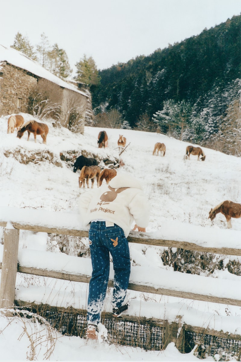 nude project, playboy, knitwear, logo jumpers, couple, snow, dresses, shorts