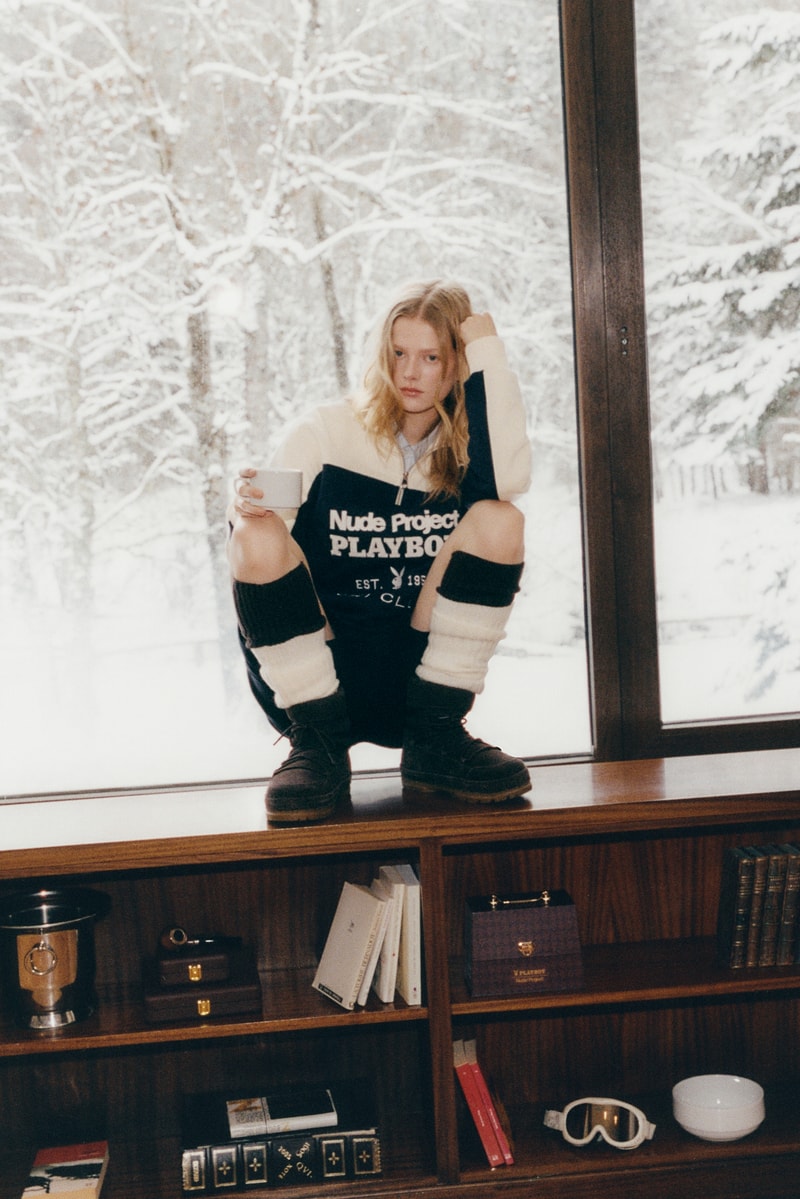 nude project, playboy, knitwear, logo jumpers, couple, snow, dresses, shorts