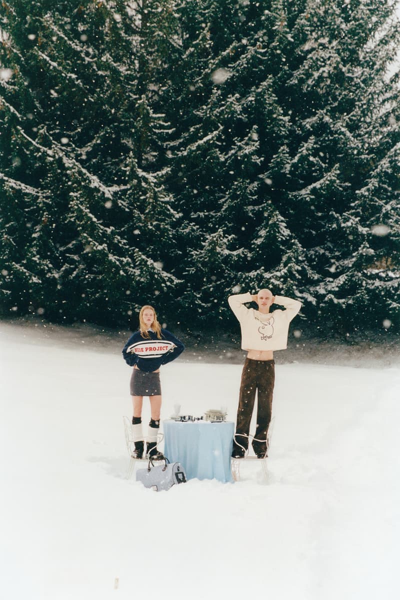 nude project, playboy, knitwear, logo jumpers, couple, snow, dresses, shorts