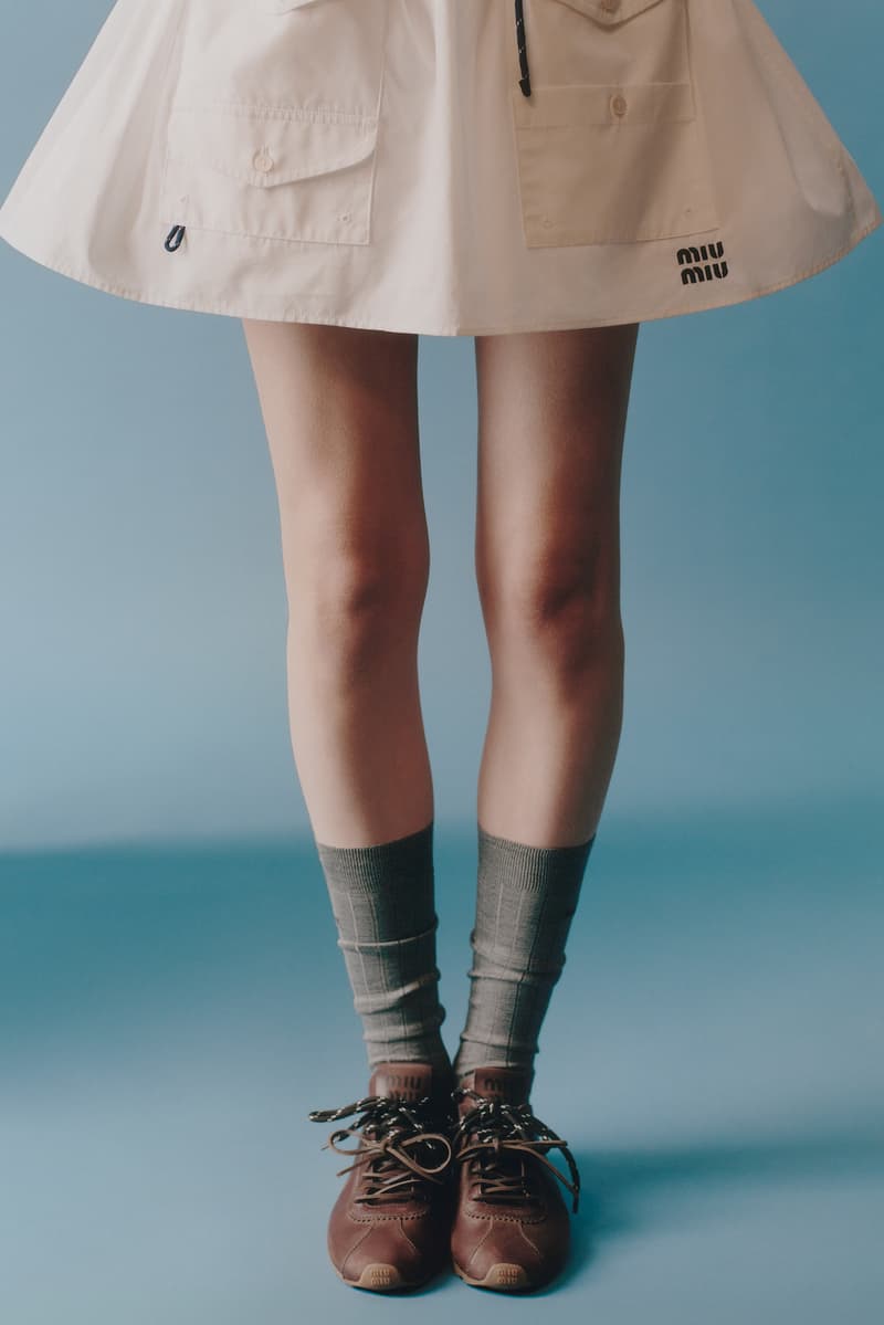 miu miu, layering, jackets, bowler bags, suede shoes, sneakers, models, lookbook, blue background