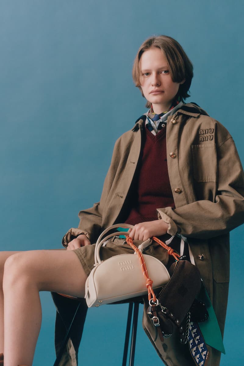 miu miu, layering, jackets, bowler bags, suede shoes, sneakers, models, lookbook, blue background