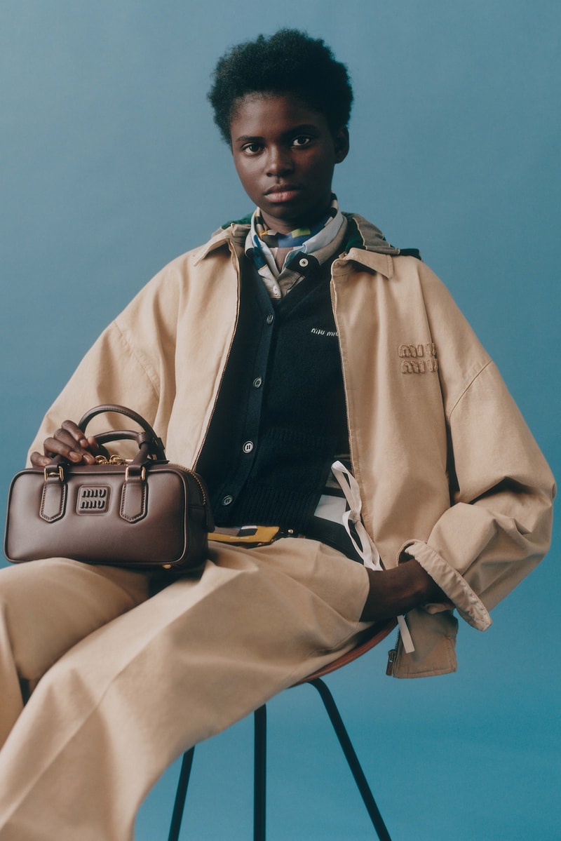 miu miu, layering, jackets, bowler bags, suede shoes, sneakers, models, lookbook, blue background