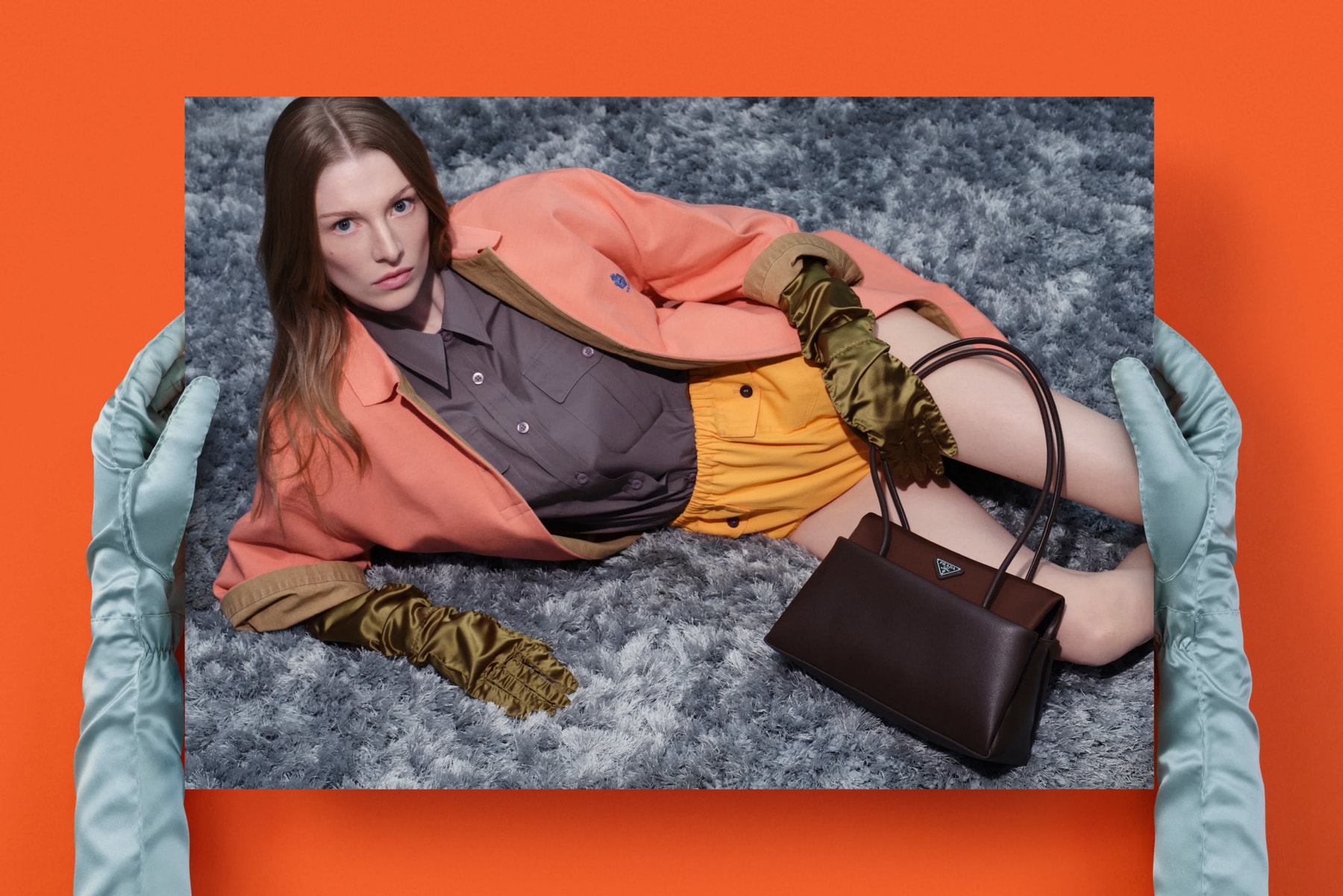 prada, hunter schafer, damson idris, john glacier, Nicholas Hoult, Carey Mulligan, 3d image, orange background