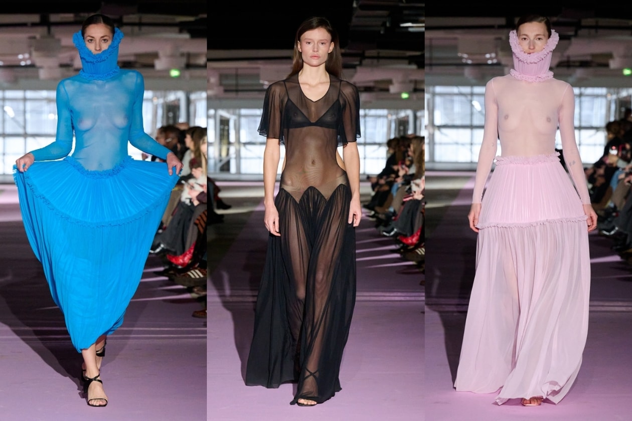 copenhagen, runway, sheer gown, lace dress, pregnant model, layering, blue, pastel pink