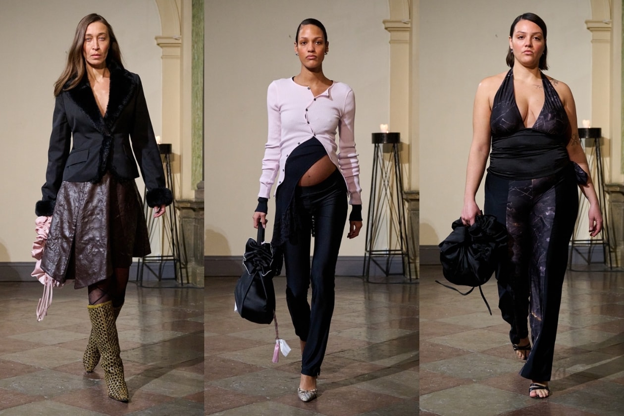 copenhagen, runway, sheer gown, lace dress, pregnant model, layering, blue, pastel pink