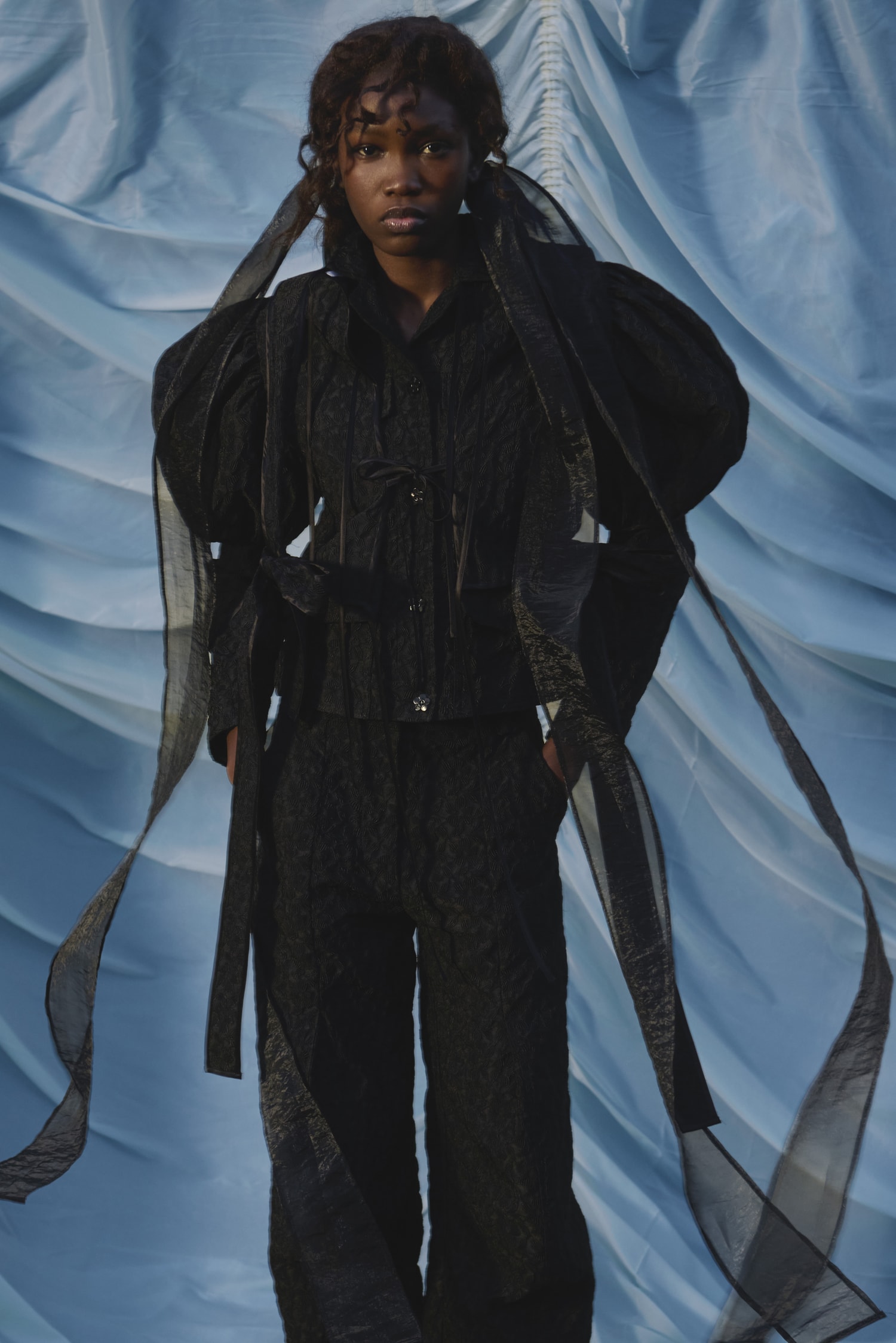 cecilie bahnsen, dresses, blue back drop, black women, hair bows, pink dress, cardigan