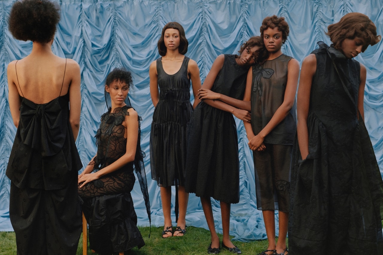 cecilie bahnsen, dresses, blue back drop, black women, hair bows, pink dress, cardigan