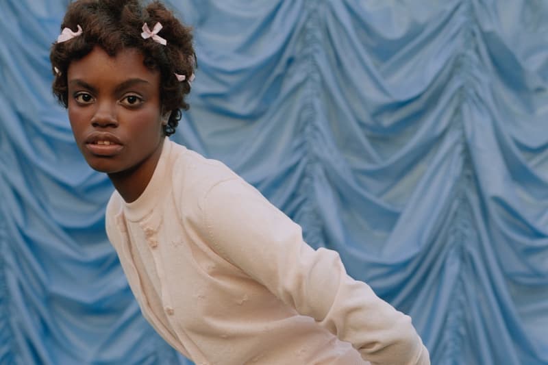 cecilie bahnsen, dresses, blue back drop, black women, hair bows, pink dress, cardigan