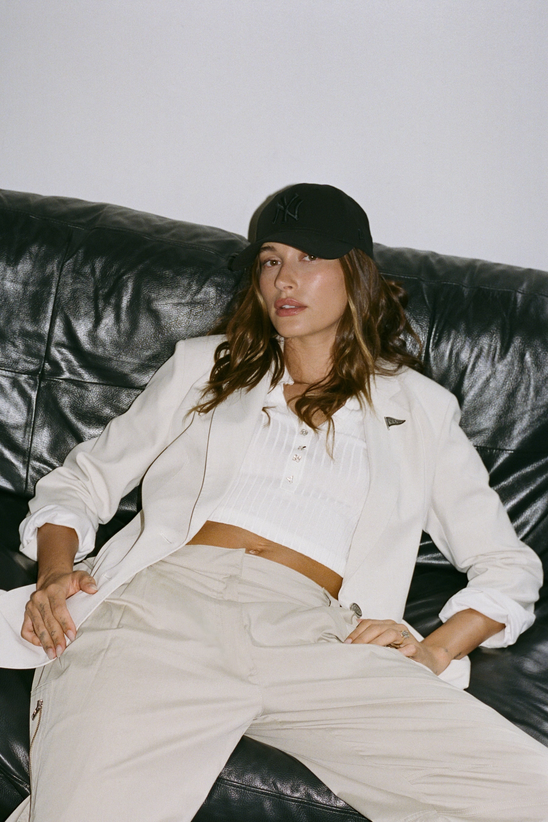 hailey bieber, dkny, spring campaign, new york yankees cap, blazer, bralette