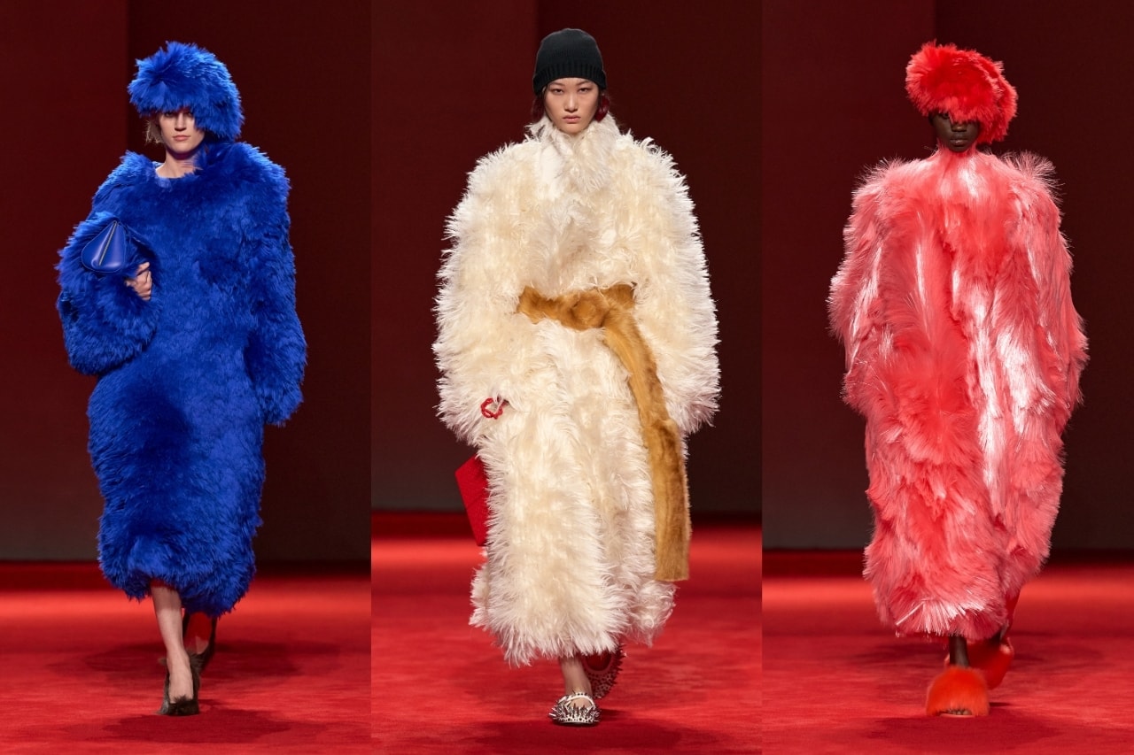 bottega veneta, furry jackets, coats, textures, cobalt blue, bright red, milan, runway, models, hats