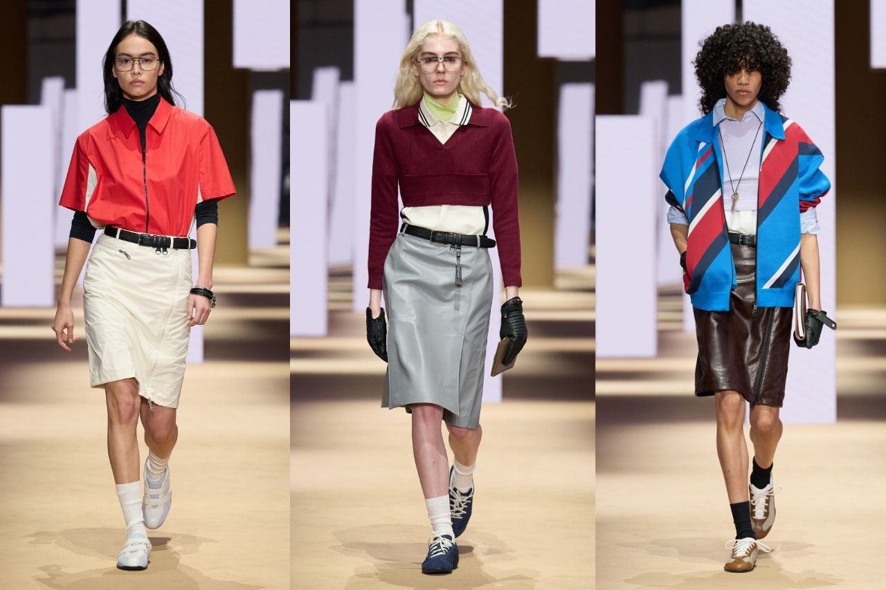 fila, milan fashion week, runway, sports, track jackets, leather skirts, models, shirts, gym, athleisure, sportswear