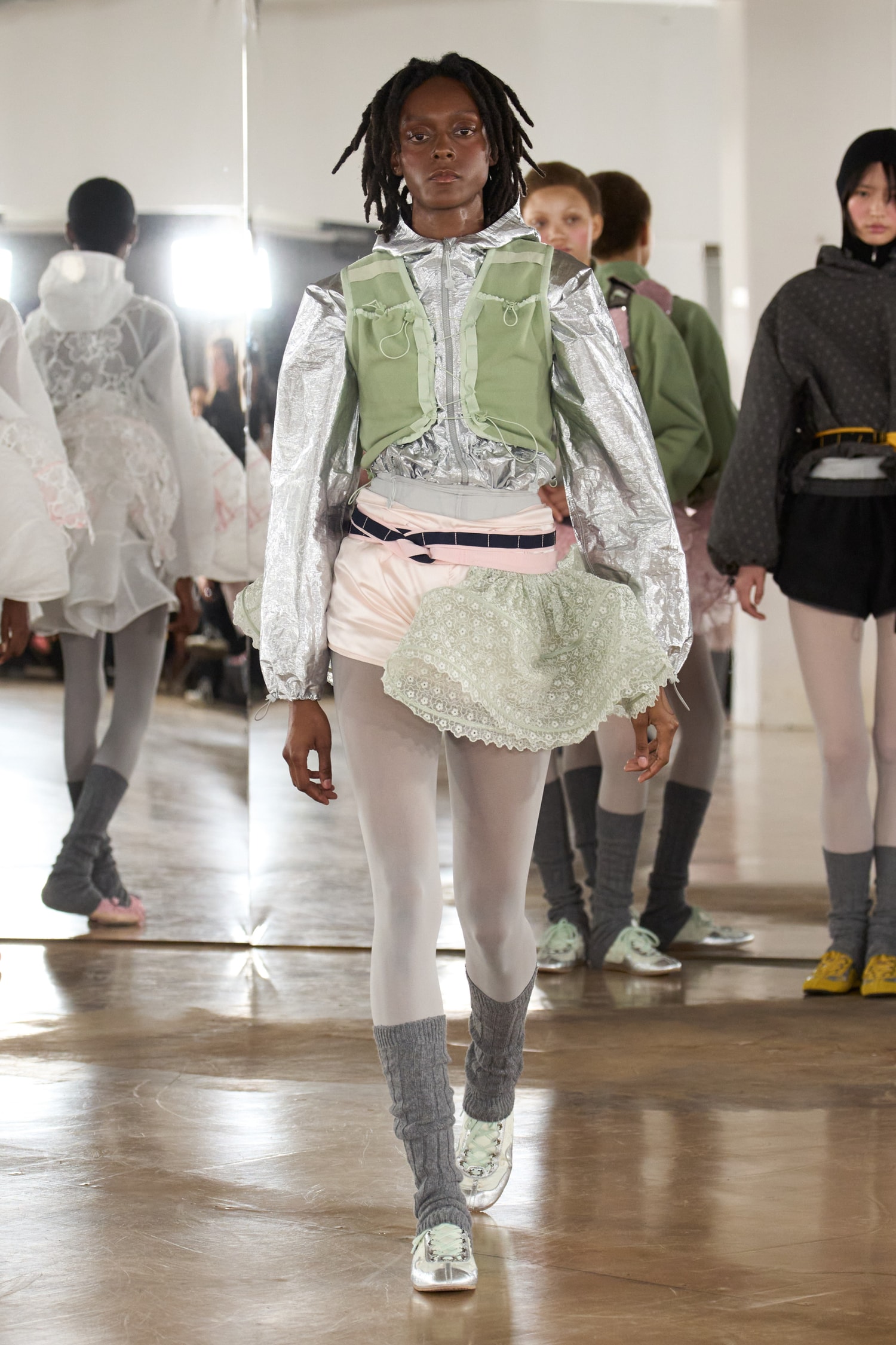 cecilie bahnsen, the north face, puffer jackets, tutu, sheer fabric, pastel pink, sage green