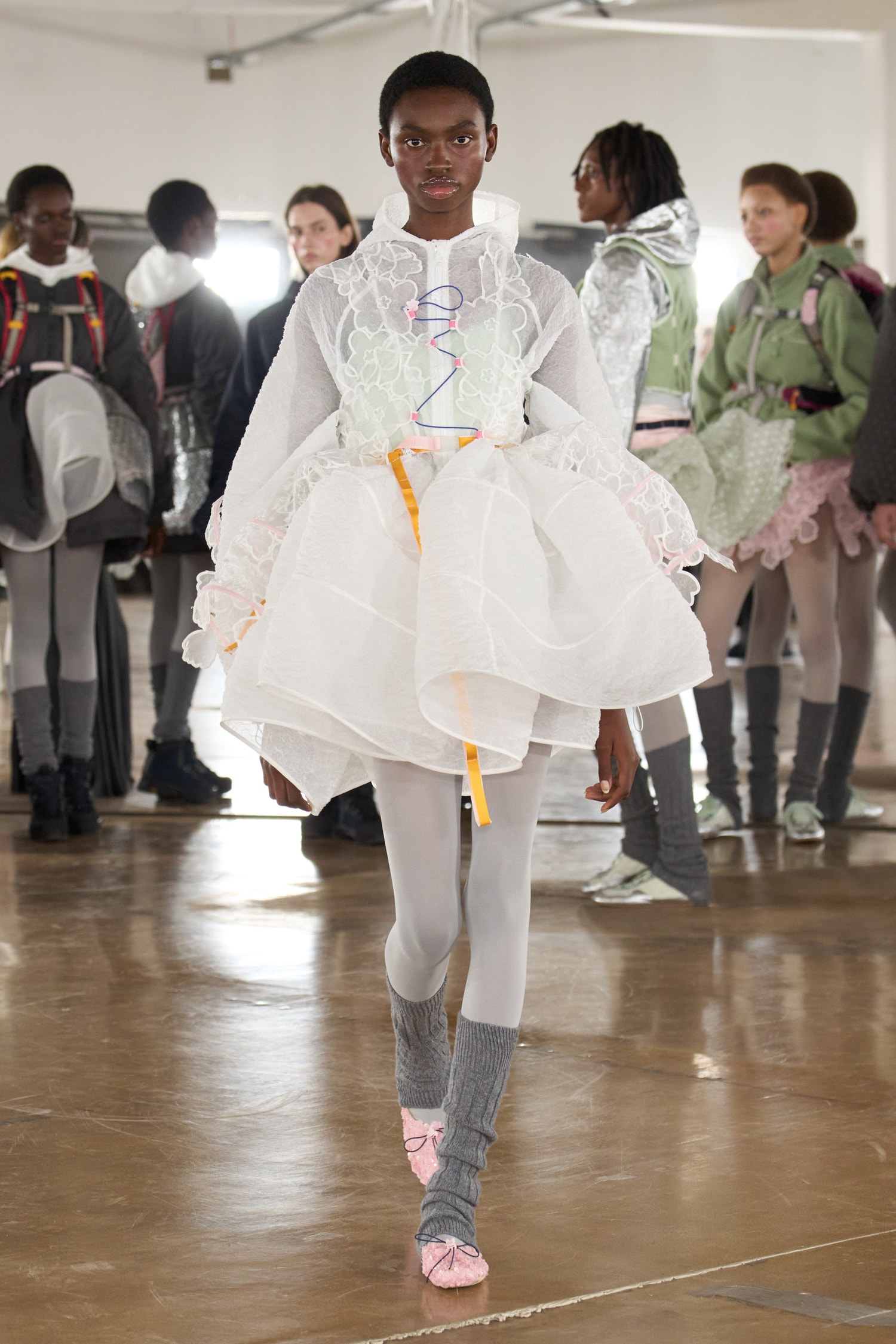 cecilie bahnsen, the north face, puffer jackets, tutu, sheer fabric, pastel pink, sage green