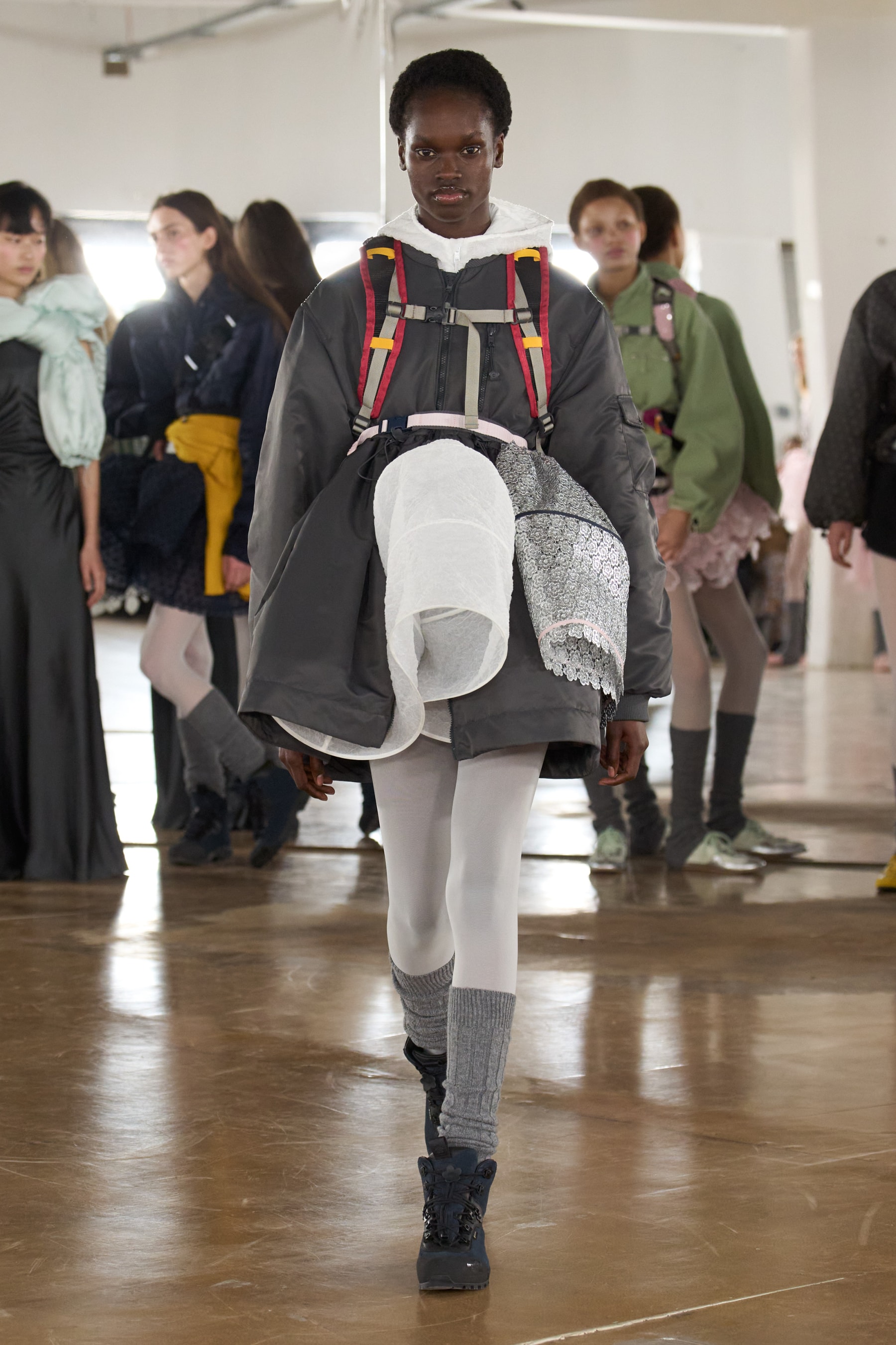 cecilie bahnsen, the north face, puffer jackets, tutu, sheer fabric, pastel pink, sage green