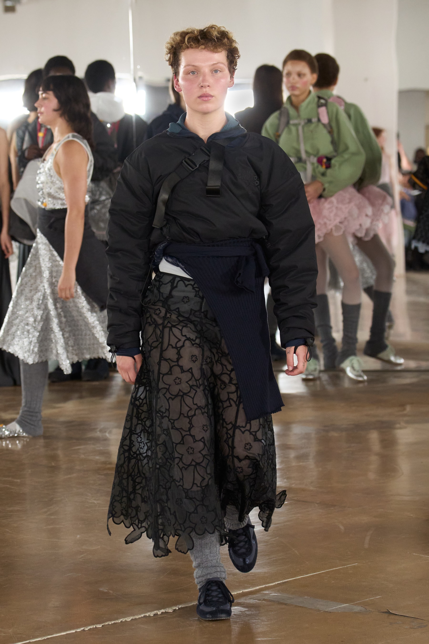 cecilie bahnsen, the north face, puffer jackets, tutu, sheer fabric, pastel pink, sage green