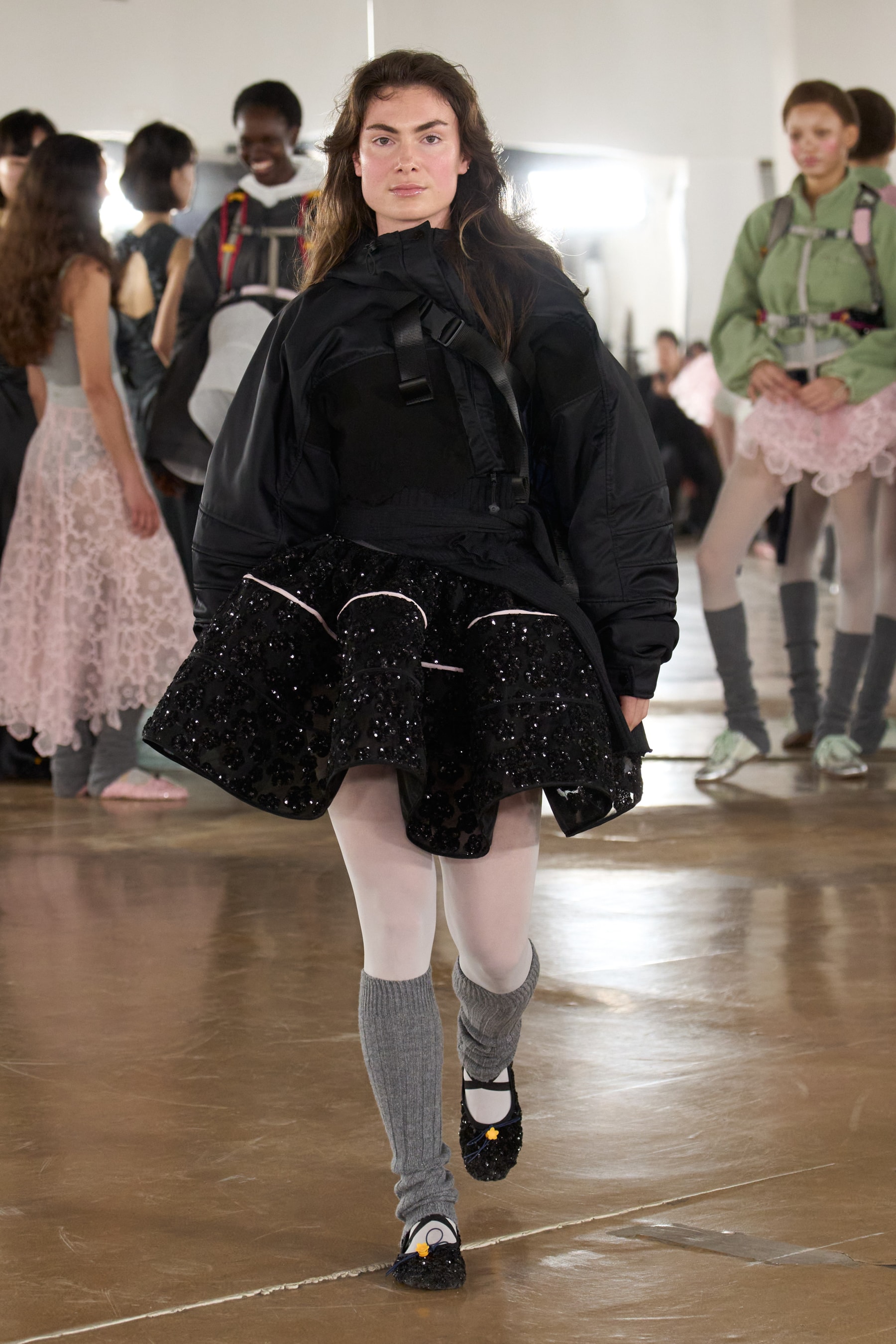 cecilie bahnsen, the north face, puffer jackets, tutu, sheer fabric, pastel pink, sage green