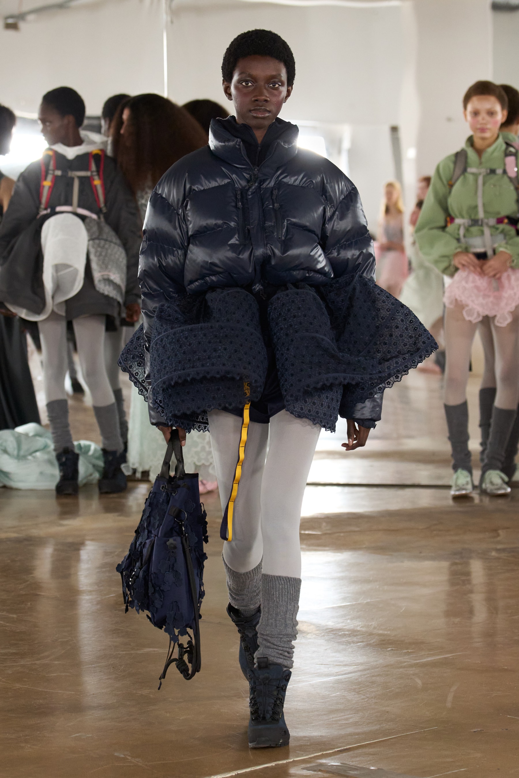 cecilie bahnsen, the north face, puffer jackets, tutu, sheer fabric, pastel pink, sage green