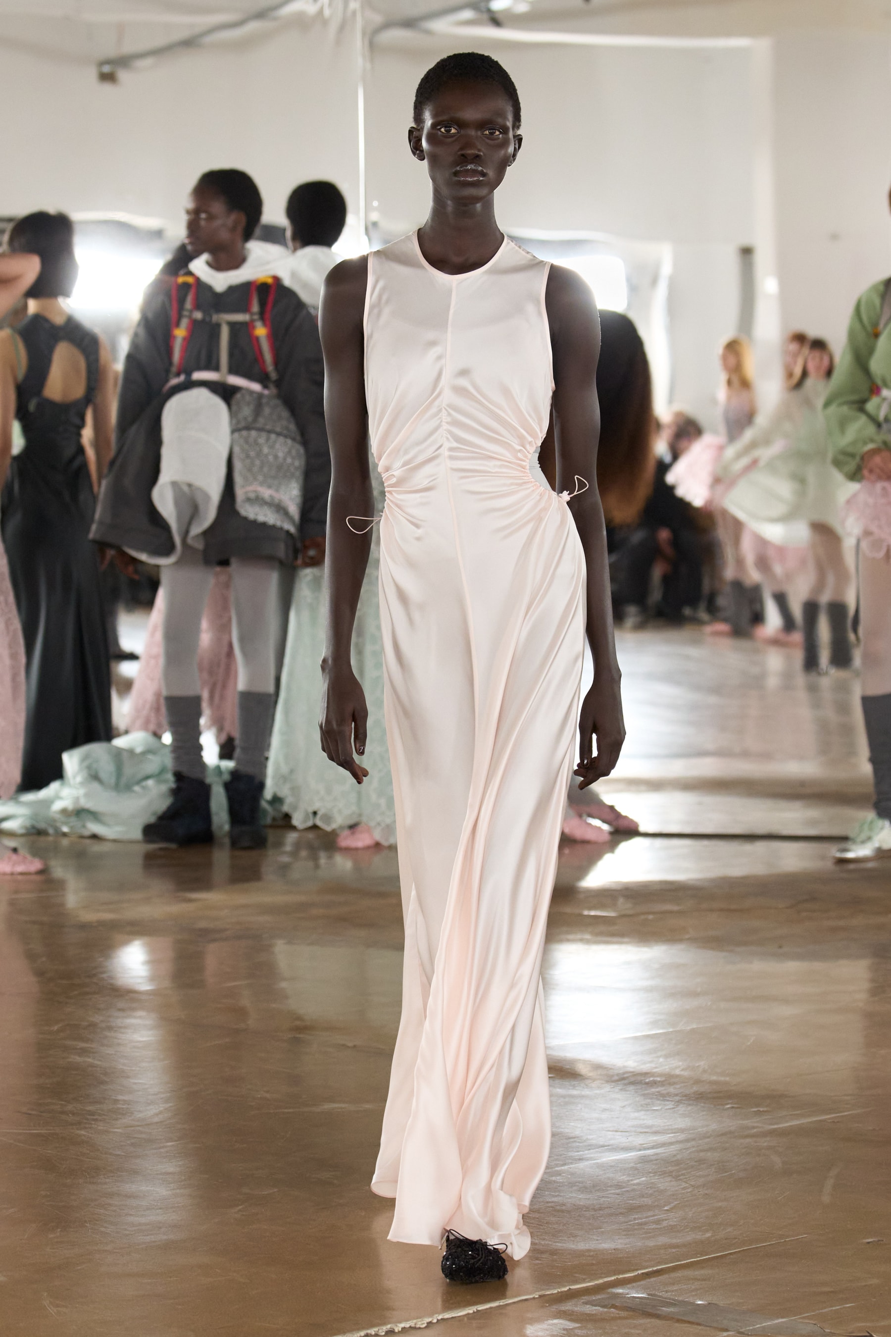 cecilie bahnsen, the north face, puffer jackets, tutu, sheer fabric, pastel pink, sage green