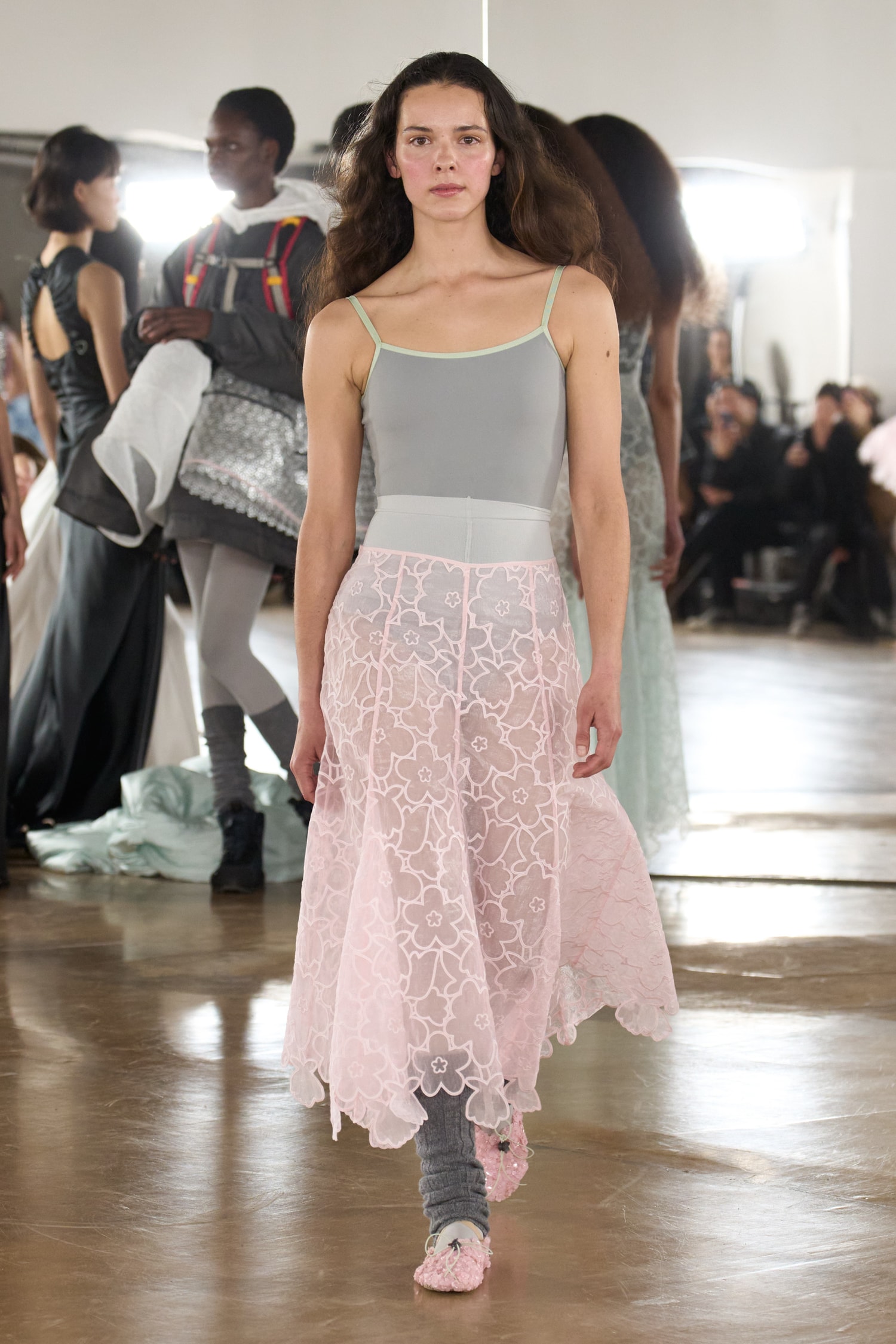cecilie bahnsen, the north face, puffer jackets, tutu, sheer fabric, pastel pink, sage green