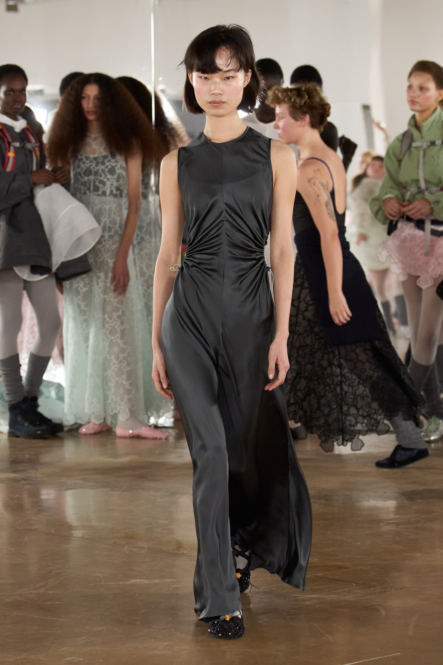 cecilie bahnsen, the north face, puffer jackets, tutu, sheer fabric, pastel pink, sage green