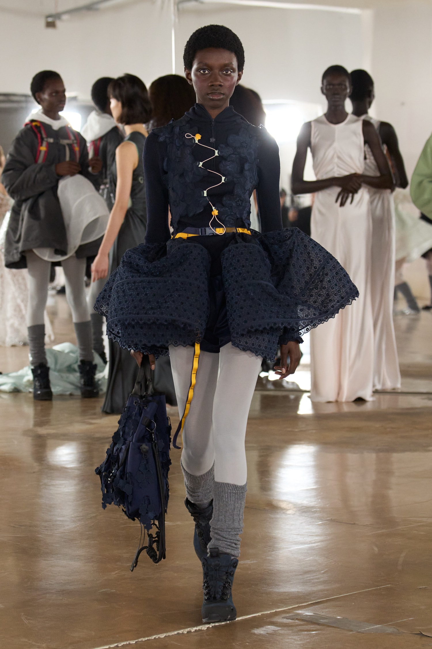 cecilie bahnsen, the north face, puffer jackets, tutu, sheer fabric, pastel pink, sage green