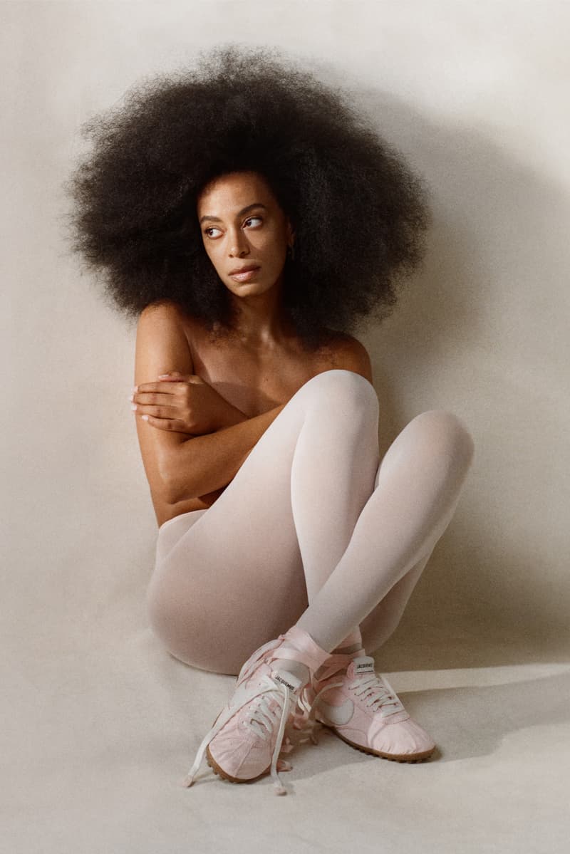 solange, woman, body, jacquemus, nike, moon shoe sneaker, pastel satin pink, chocolate brown