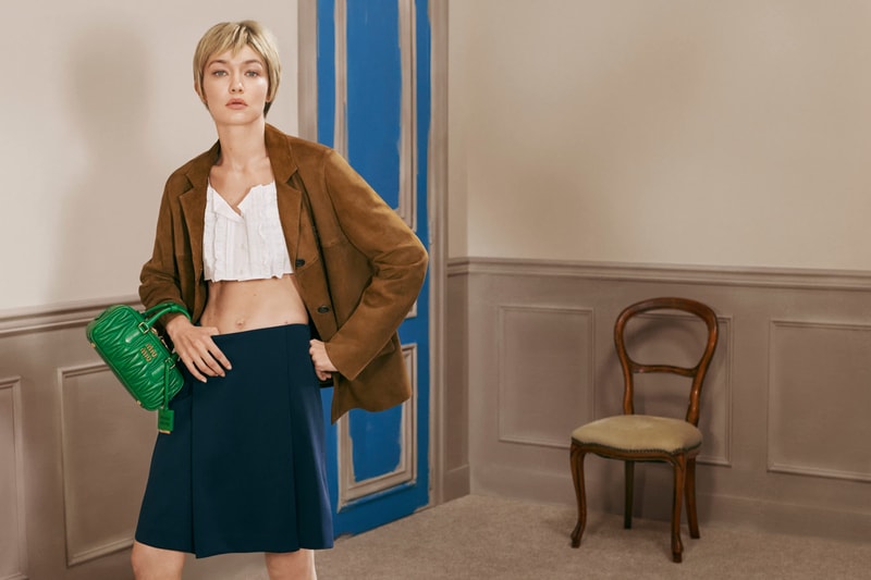 miu miu, gigi hadid, leather bags, polo top, crop top, model, skirts