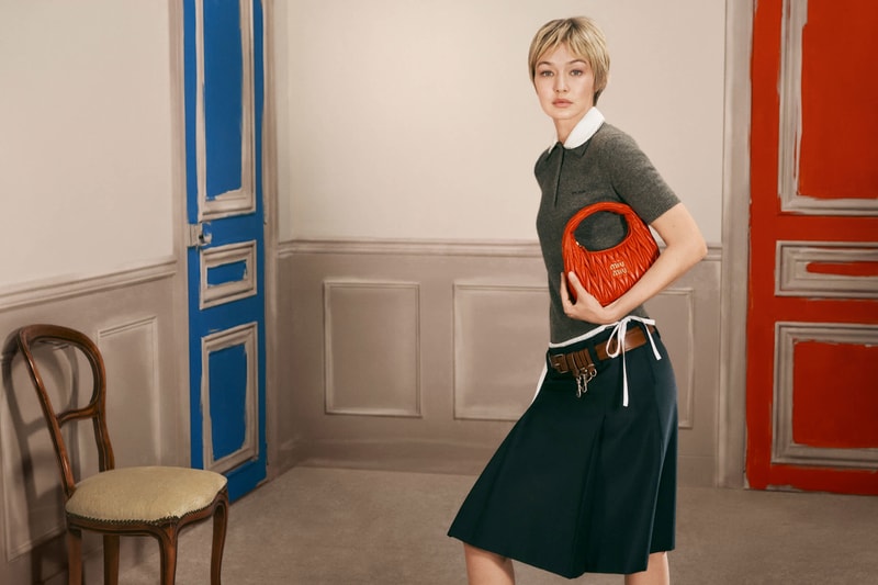 miu miu, gigi hadid, leather bags, polo top, crop top, model, skirts