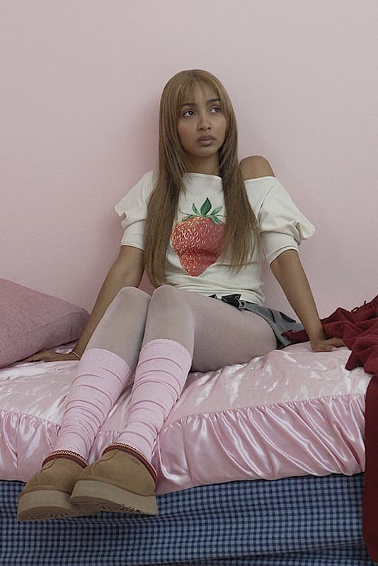 pinkpantheress, girl, singer, pink bedroom, ugg slippers, laced ballet sneaker, mule