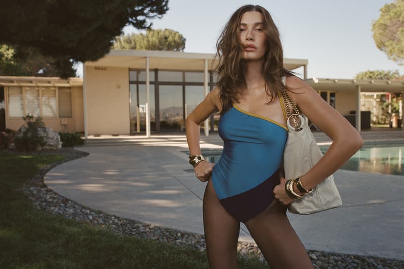 hailey bieber, saint laurent, nadia lee cohen, woman, pool, jacket, heels