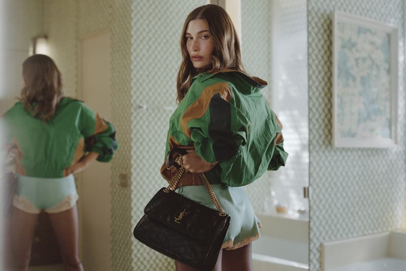 hailey bieber, saint laurent, nadia lee cohen, woman, pool, jacket, heels