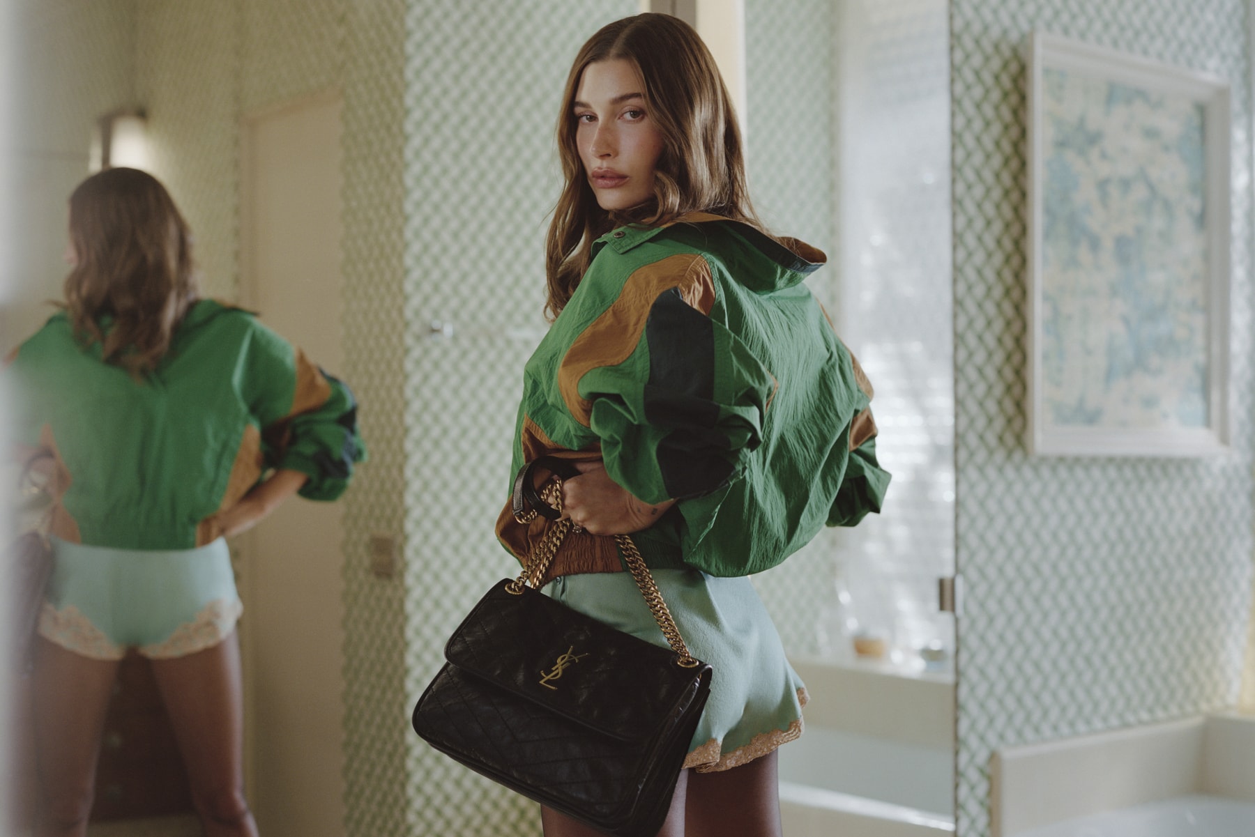 hailey bieber, saint laurent, nadia lee cohen, woman, pool, jacket, heels