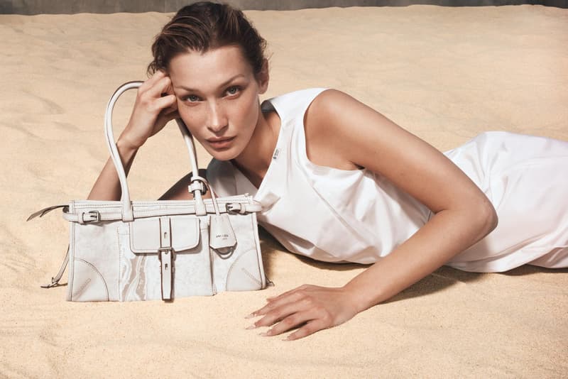 bella hadid, prada summer, raffia bag, beach, model, damson idris