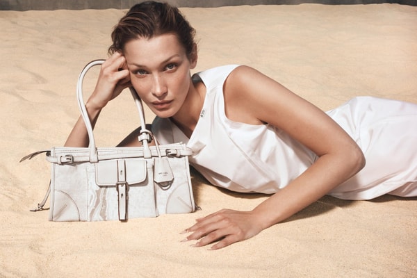 bella hadid, prada summer, raffia bag, beach, model, damson idris