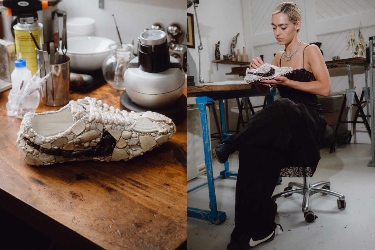 artist, jewelry designer, nike moon shoe, sneaker, customizing, girl, stones, ceramics, sequins, gems