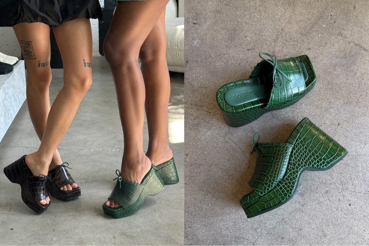 sadi studios, footwear brand, croc mules, green, brown, pony print boots, heels