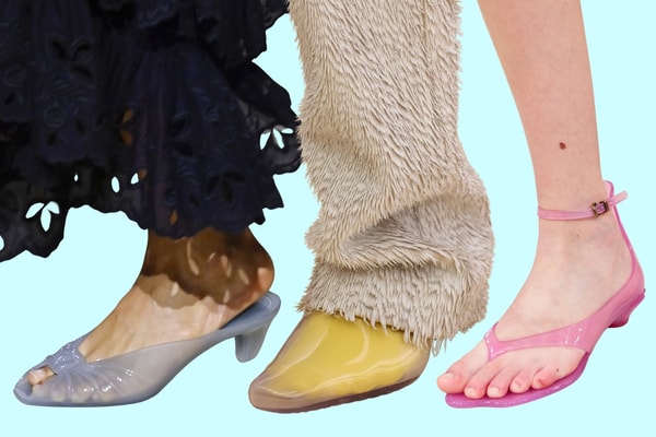 jelly shoes, sandals, flip flops, ss26, the row, ganni, melissa, loewe, tory burch, chloe, footwear, shoes, kitten heels, plastic shoes