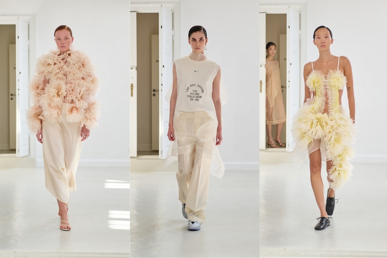 copenhagen, runway. denmark, models, sheer, lace dresses, turquoise, alana hadid, aquamarine