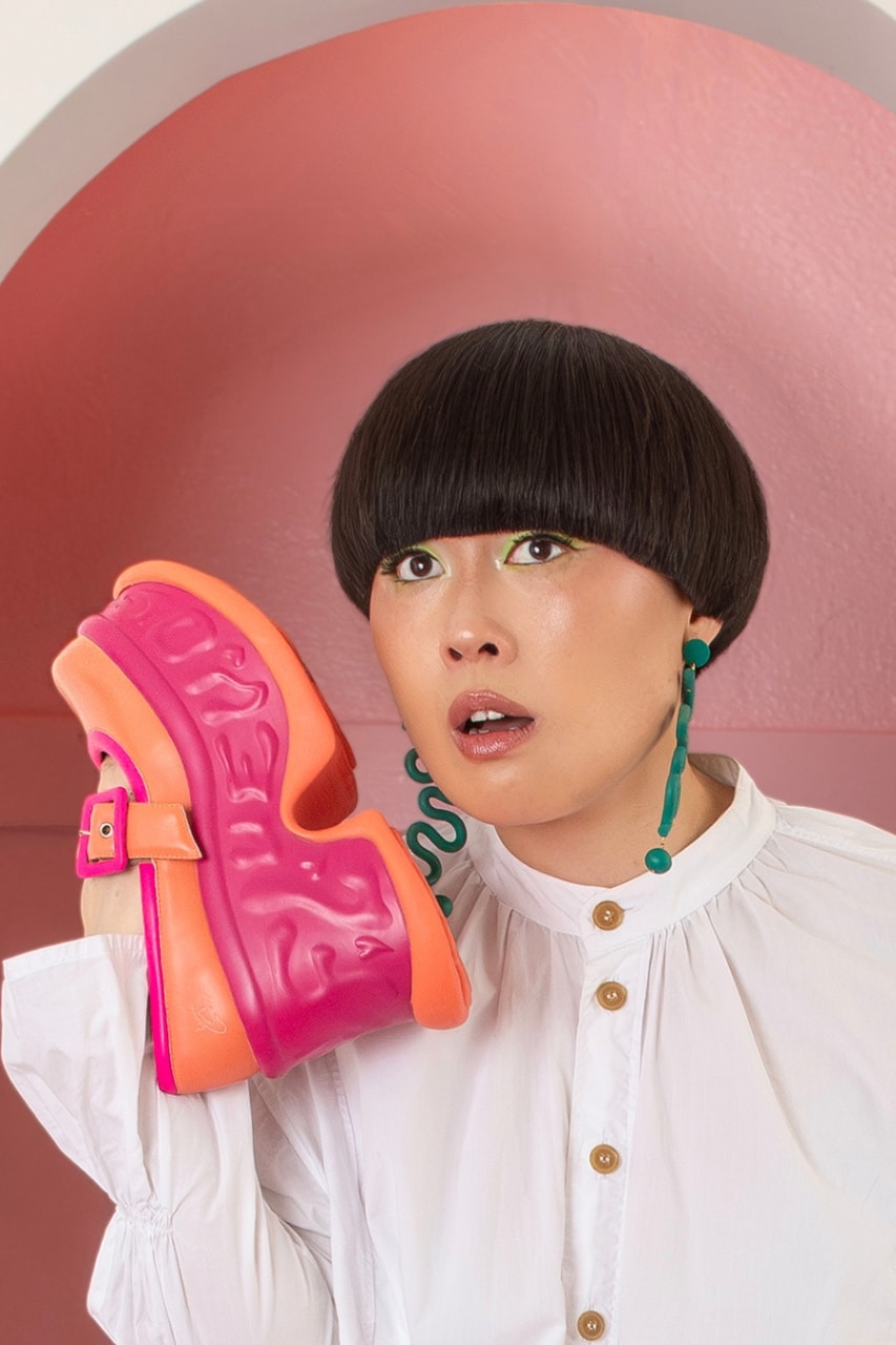 Fluevog, John Fluevog, Atsuko Okatsuka, Footwear, heels, Comedians, Whimsical Footwear, Whimsy, Fashion, Collaborations, Platform Shoes, Campaigns