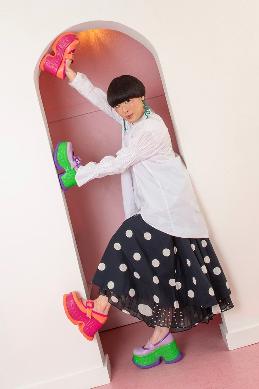 Fluevog, John Fluevog, Atsuko Okatsuka, Footwear, heels, Comedians, Whimsical Footwear, Whimsy, Fashion, Collaborations, Platform Shoes, Campaigns