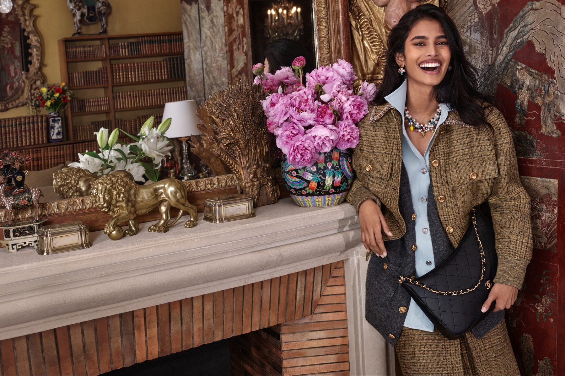 bhavitha mandava, model, chanel, tweed jacket, pink roses, bag, model, woman