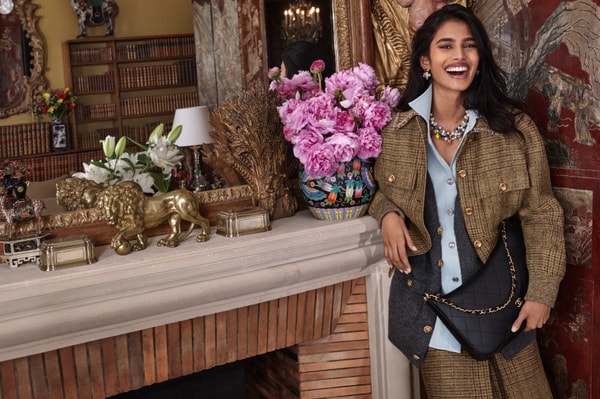 bhavitha mandava, model, chanel, tweed jacket, pink roses, bag, model, woman