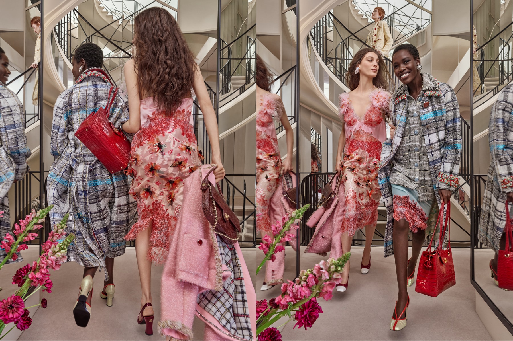bhavitha mandava, model, chanel, tweed jacket, pink roses, bag, model, woman