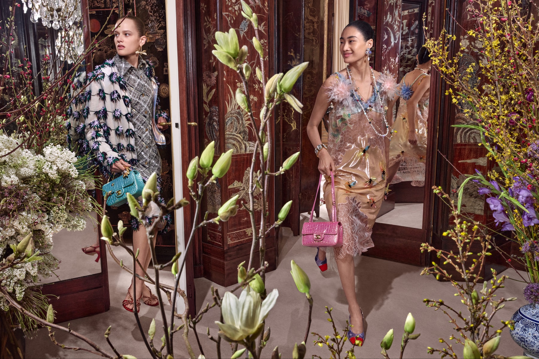 bhavitha mandava, model, chanel, tweed jacket, pink roses, bag, model, woman