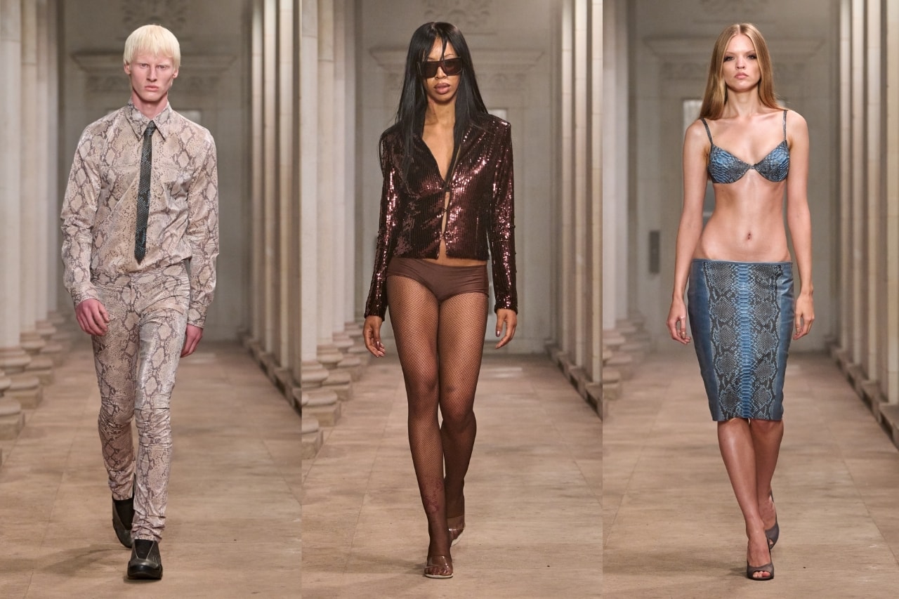 mowalola, designer, bum, low rise trousers, bikinis, models, skinny, leather, sheer tops