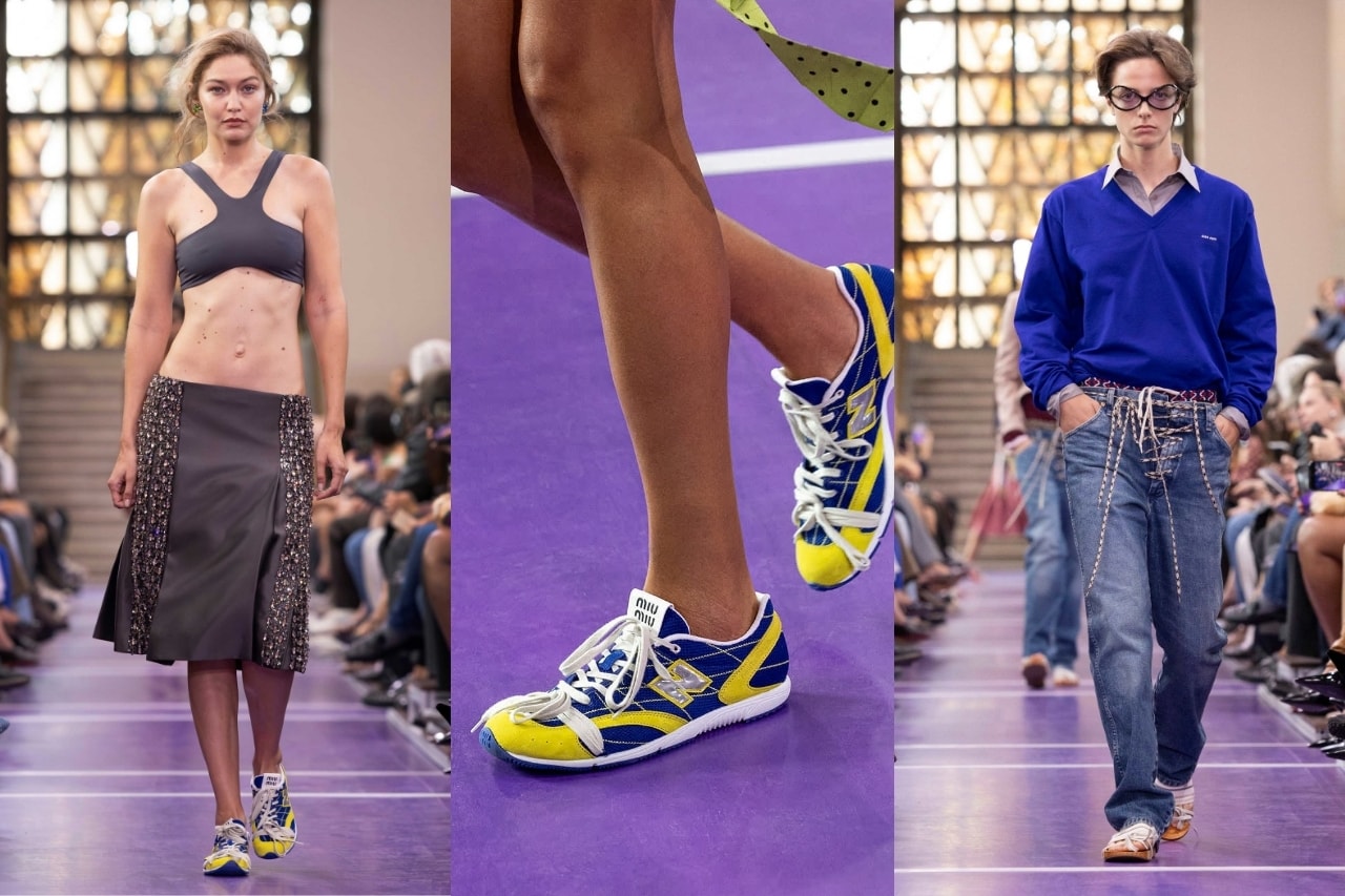 gigi hadid, emma corrin, new balance sneakers, paris runway, wrangler denim jeans