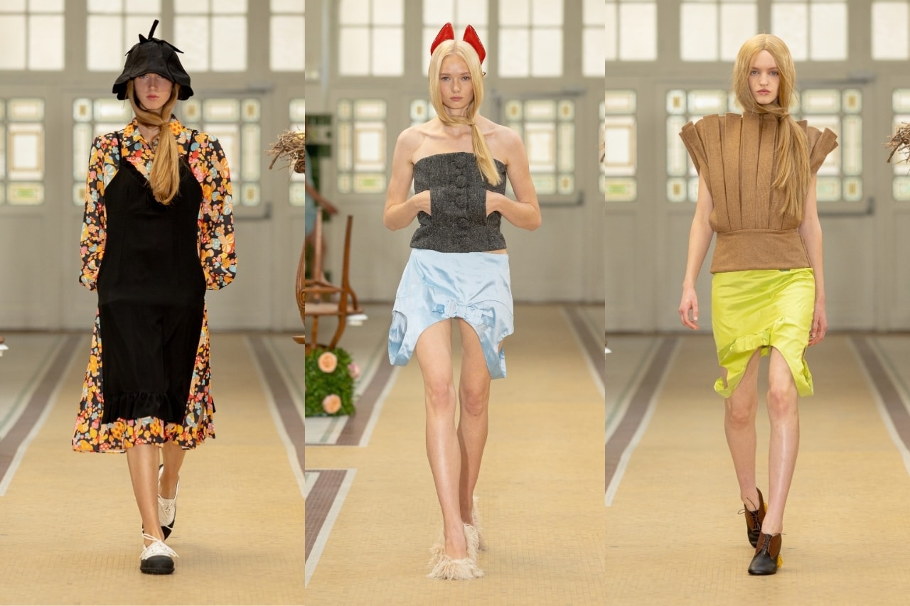 abra, paris, runway show, upside down dress, red heels, wigs, models, fluffy footwear, 