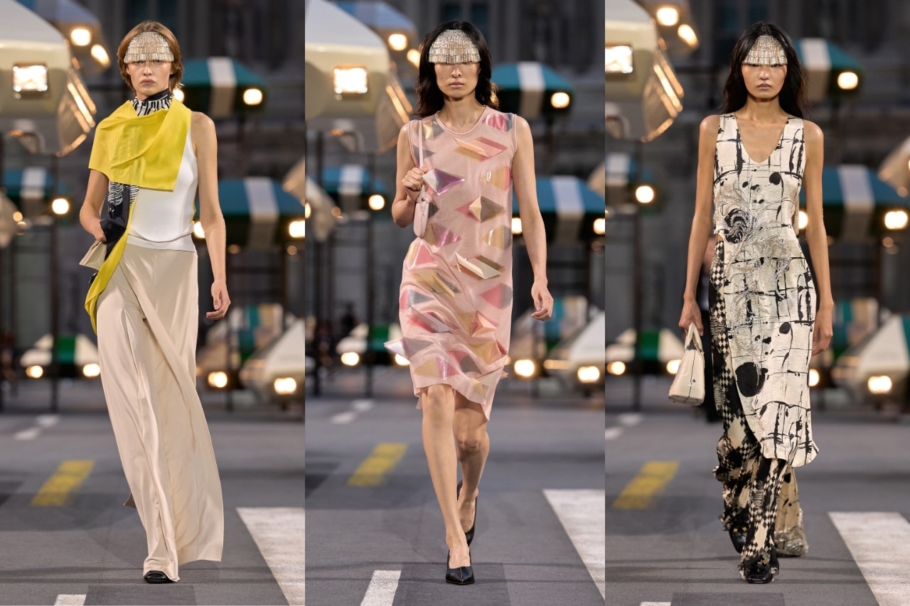 louis vuitton, paris runway, models, crystal masks, diamond dress, cars