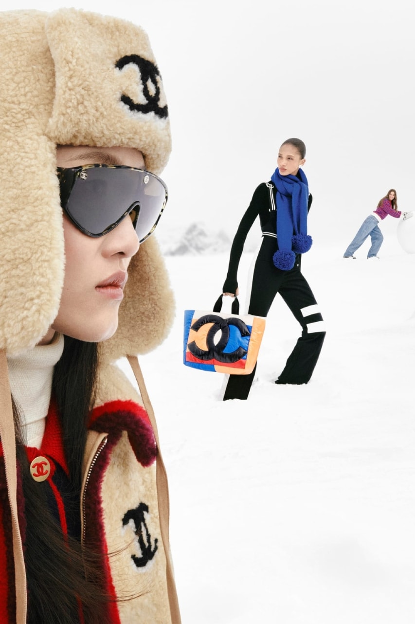 chanel, tweed, skiing, slopes, snow, winter, models, campaigns, fashion