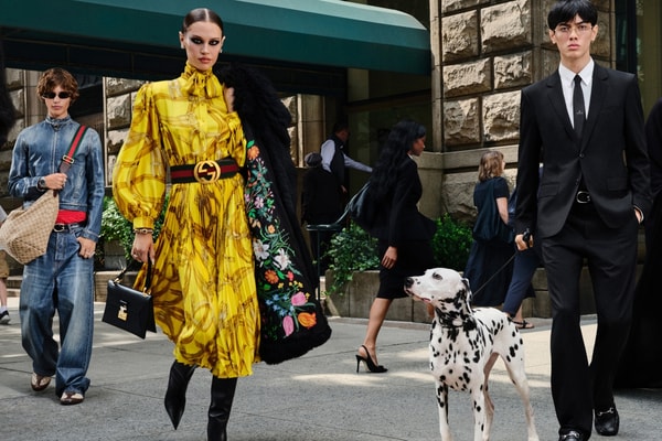 gucci, dalmatian, dog, new york, monogram, denim, jeans, yellow silk dress, city